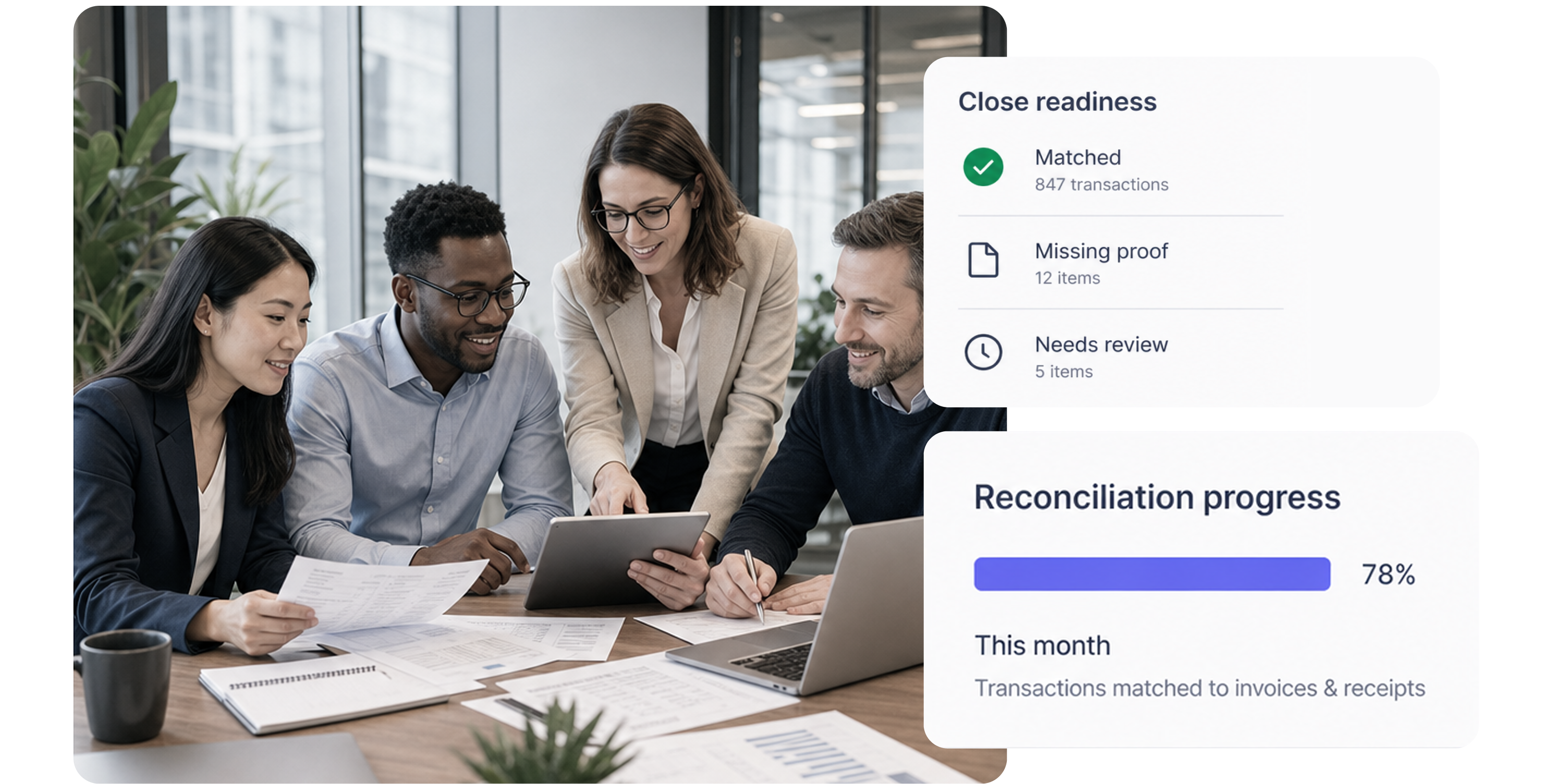 Accounting team reviewing close readiness and reconciliation progress in ClearSpend AI