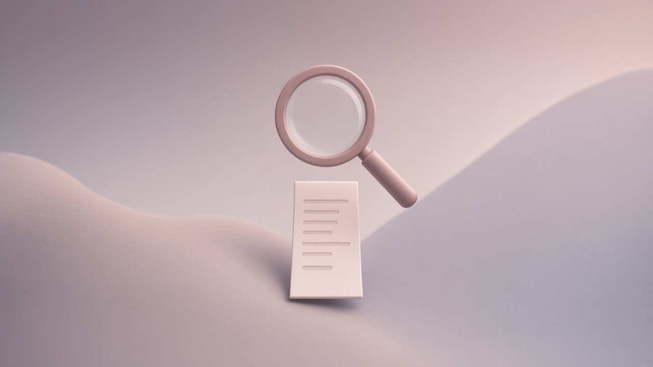 Magnifying glass above an invoice, representing transaction and receipt review