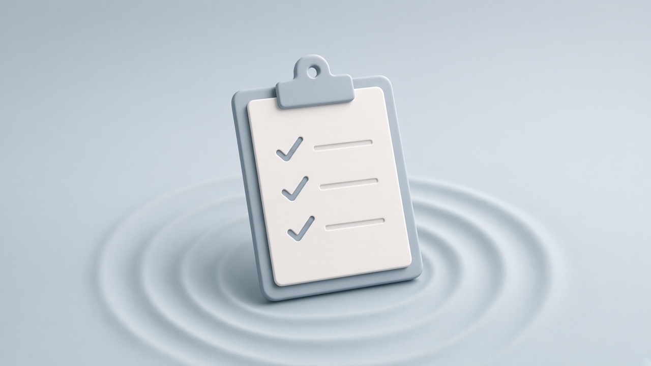 3D clipboard with three checked items on a pale blue rippled background