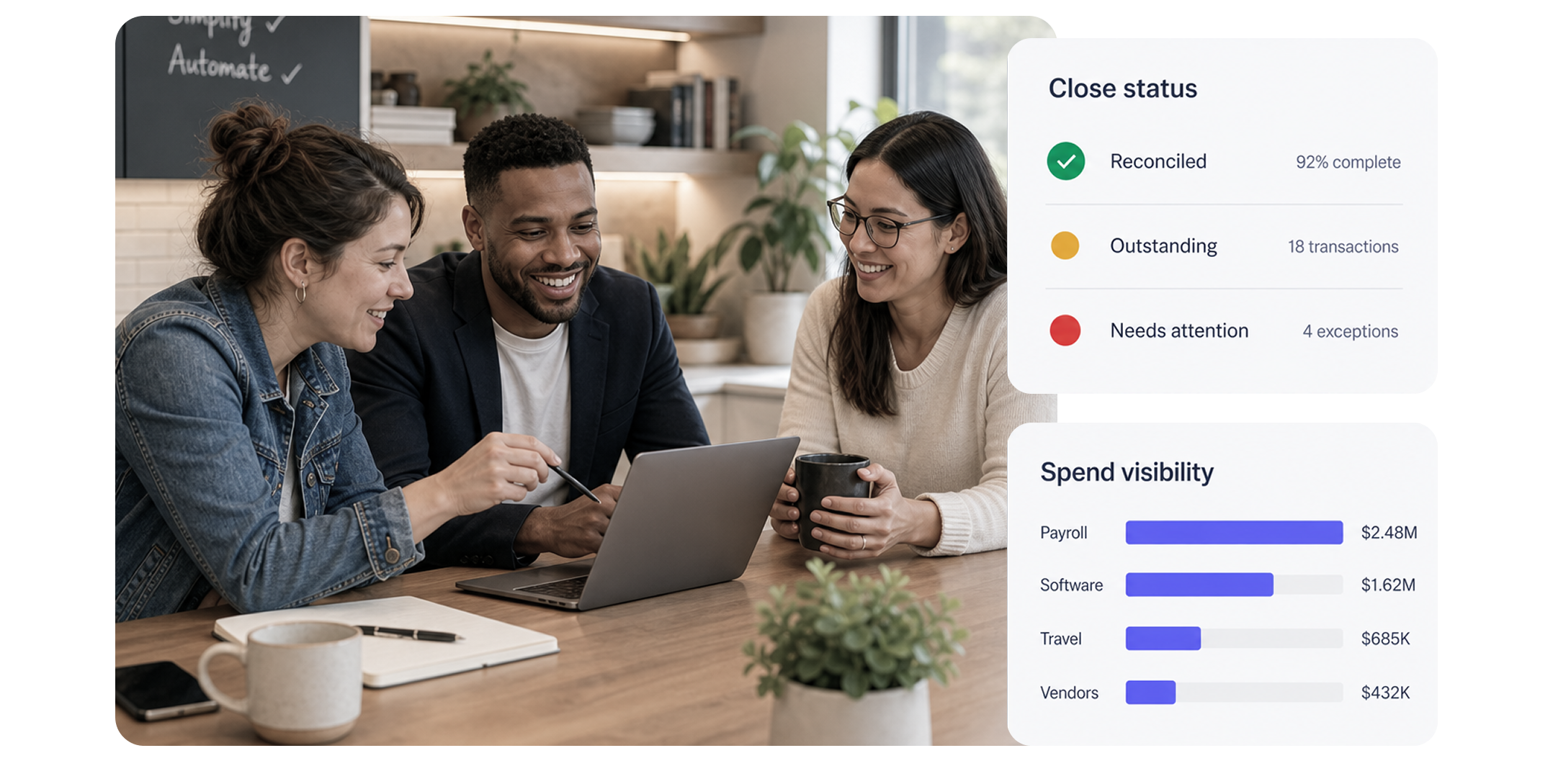 CFO and controller team reviewing close status and spend visibility in ClearSpend AI