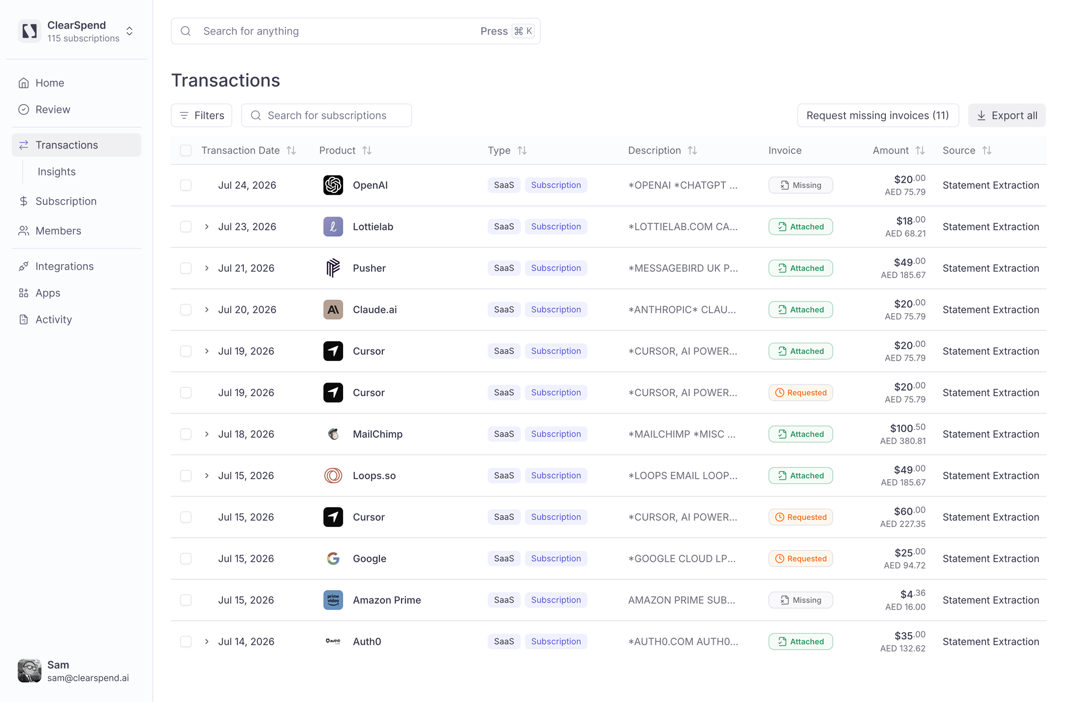 ClearSpend AI transactions dashboard with matched proof