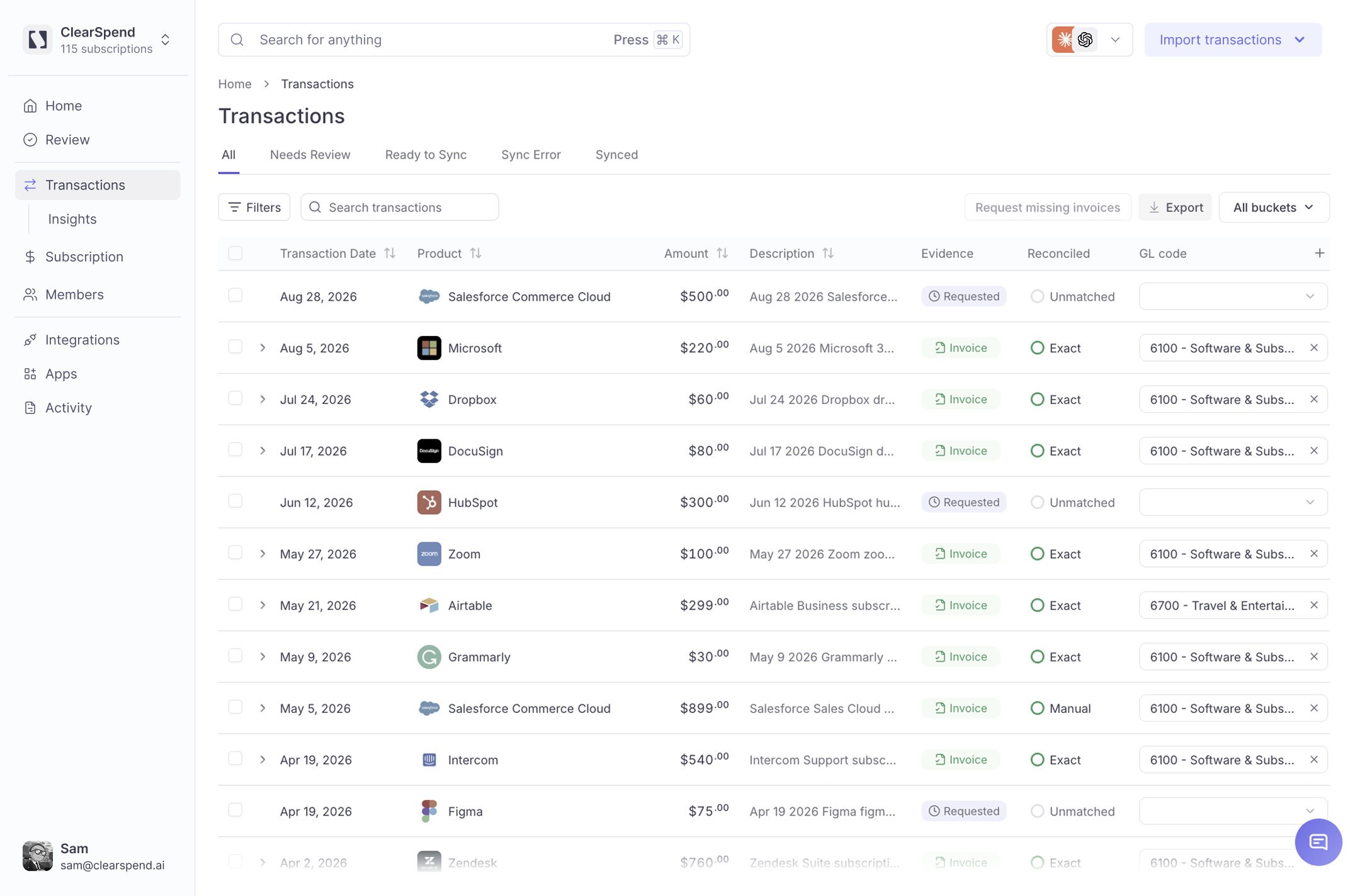 ClearSpend AI all transactions view