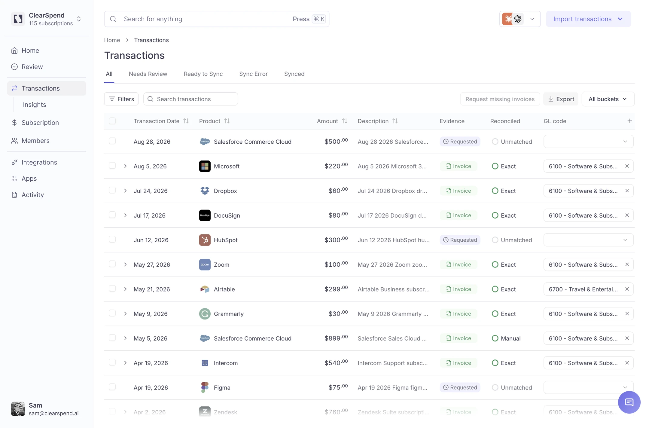 ClearSpend AI all transactions view
