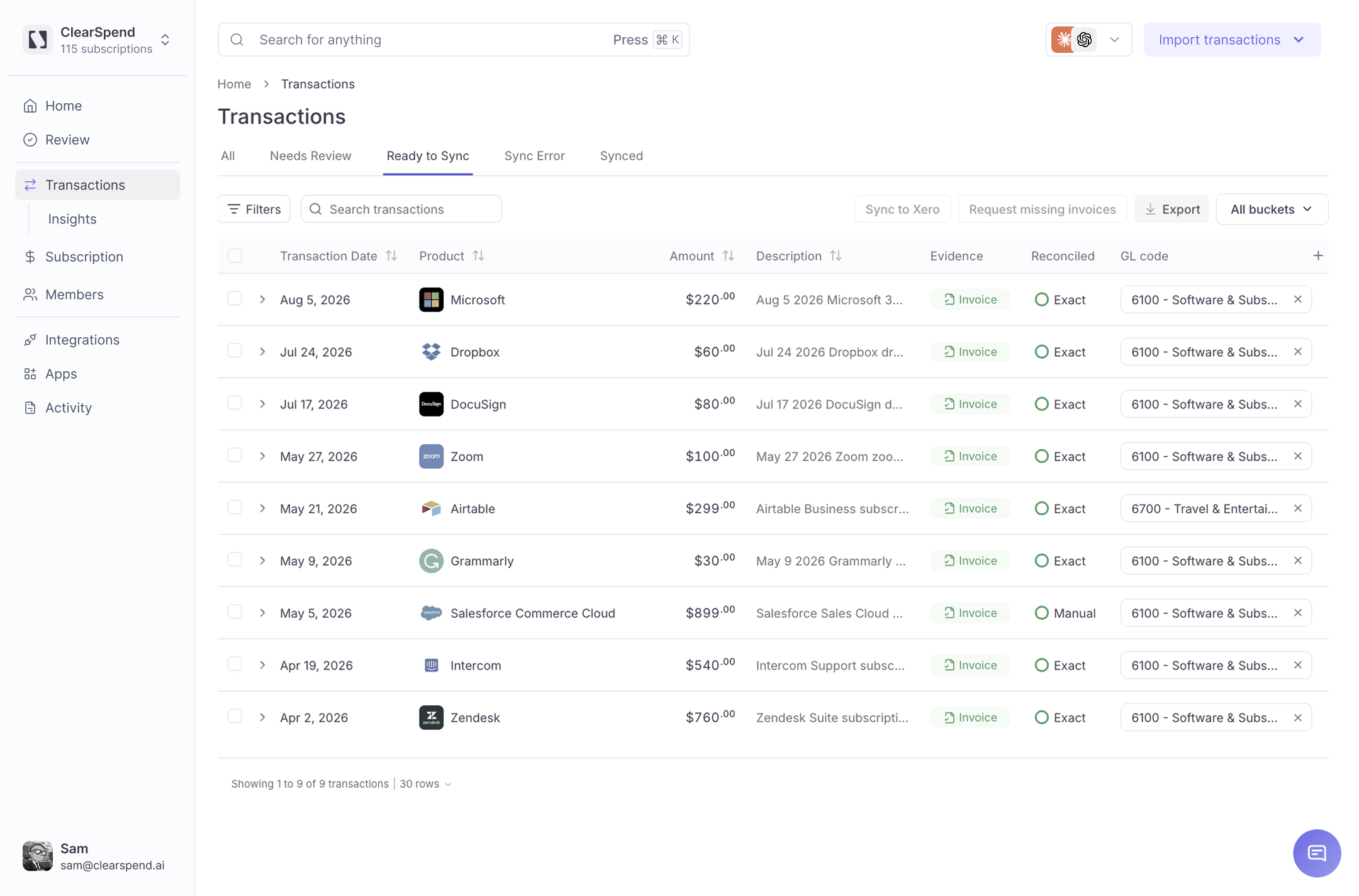 ClearSpend AI sync view