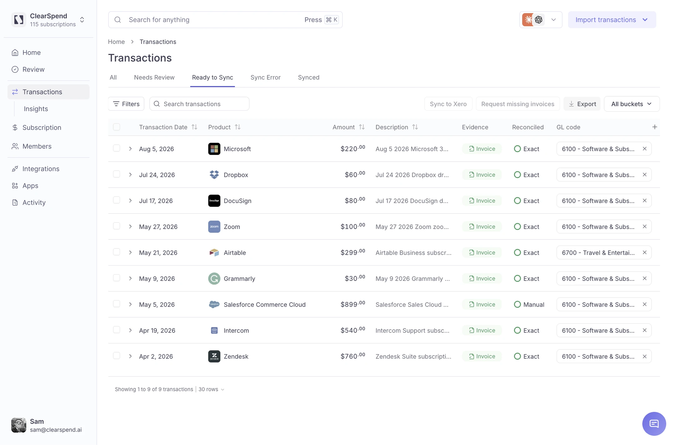 ClearSpend AI sync view