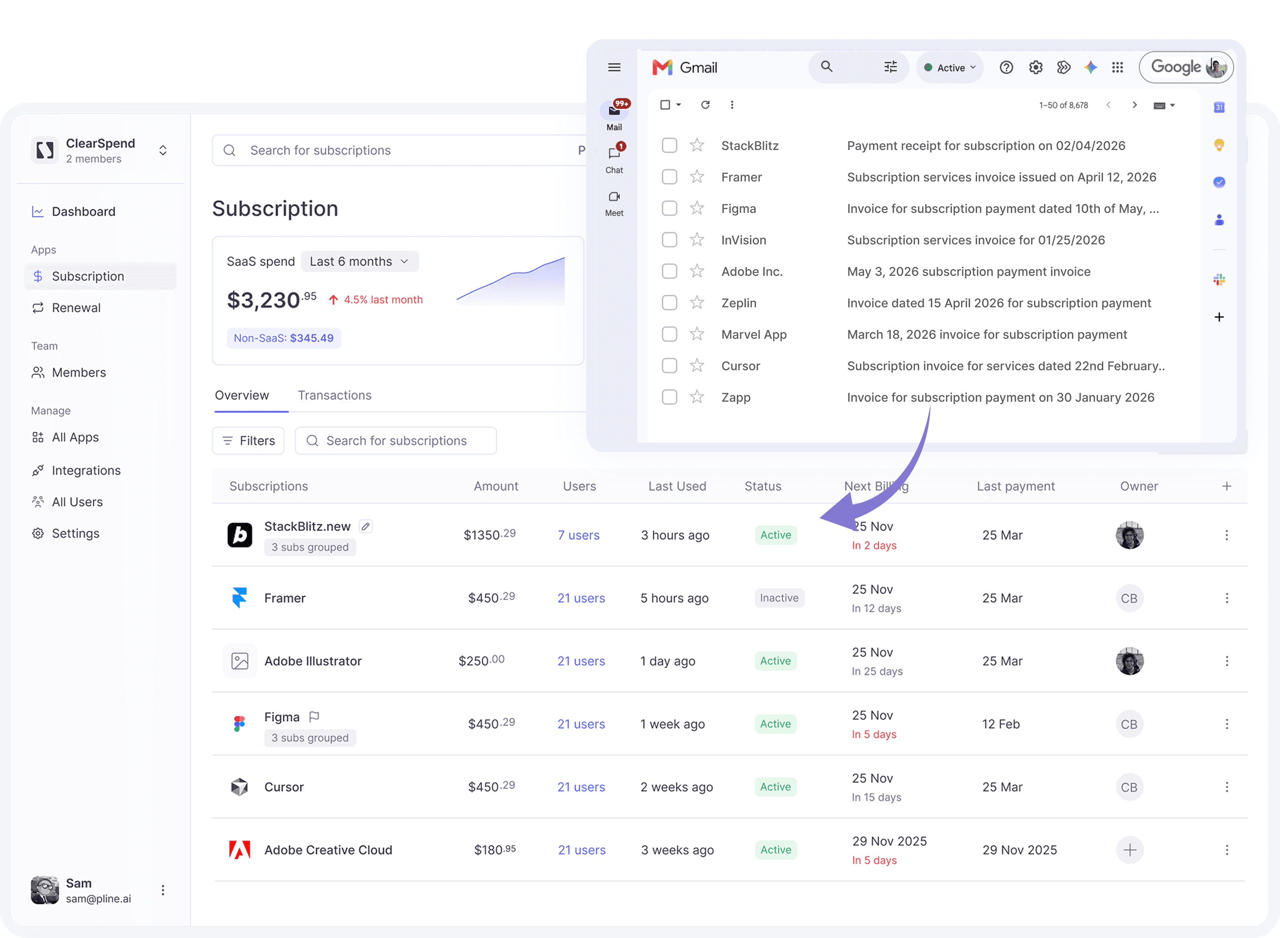 ClearSpend dashboard showing SaaS spend, upcoming renewals, and every subscription the company pays for.