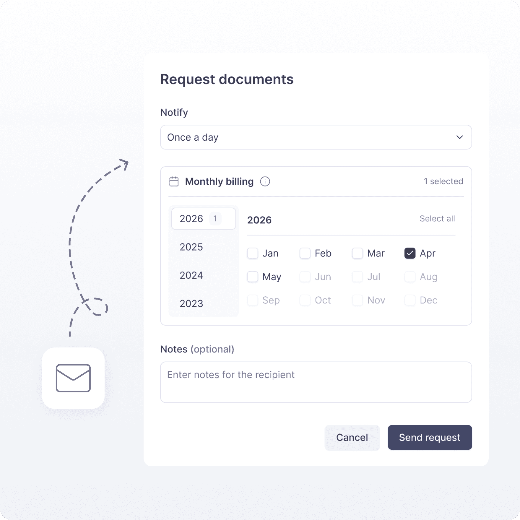 ClearSpend document request form for selecting billing months and notifying a subscription owner.