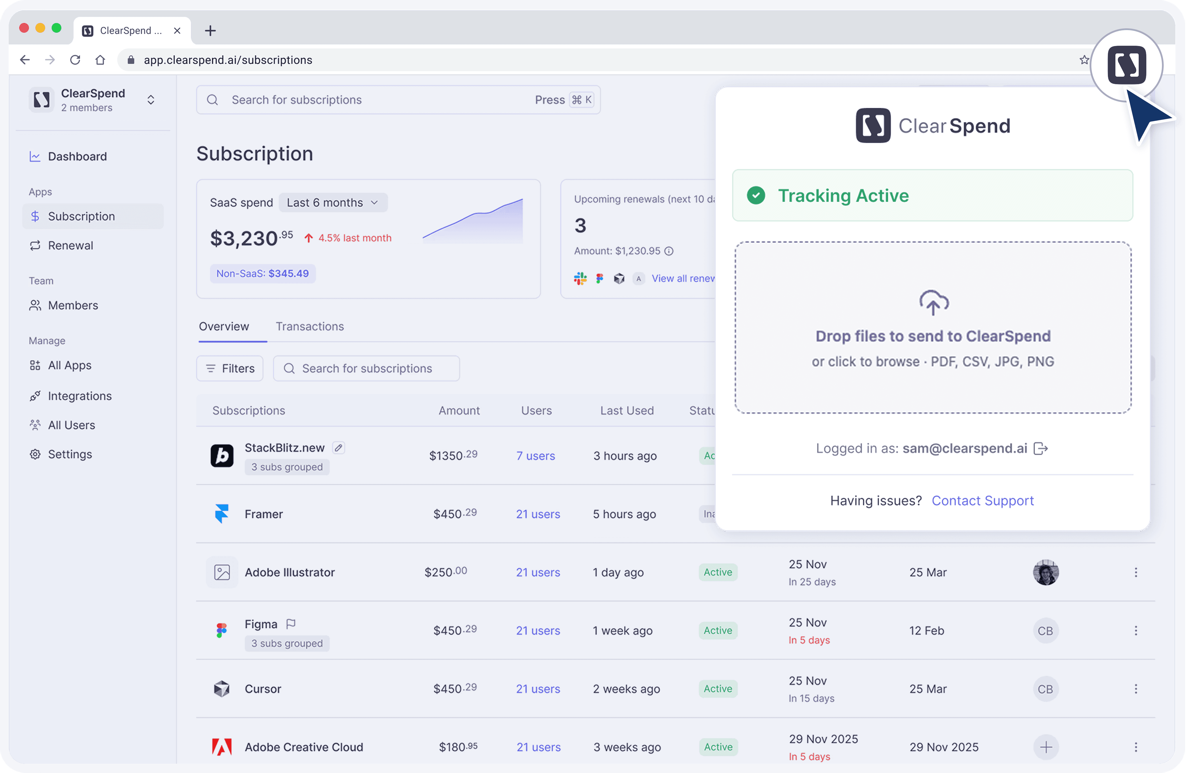 ClearSpend dashboard showing SaaS spend, upcoming renewals, and every subscription the company pays for.