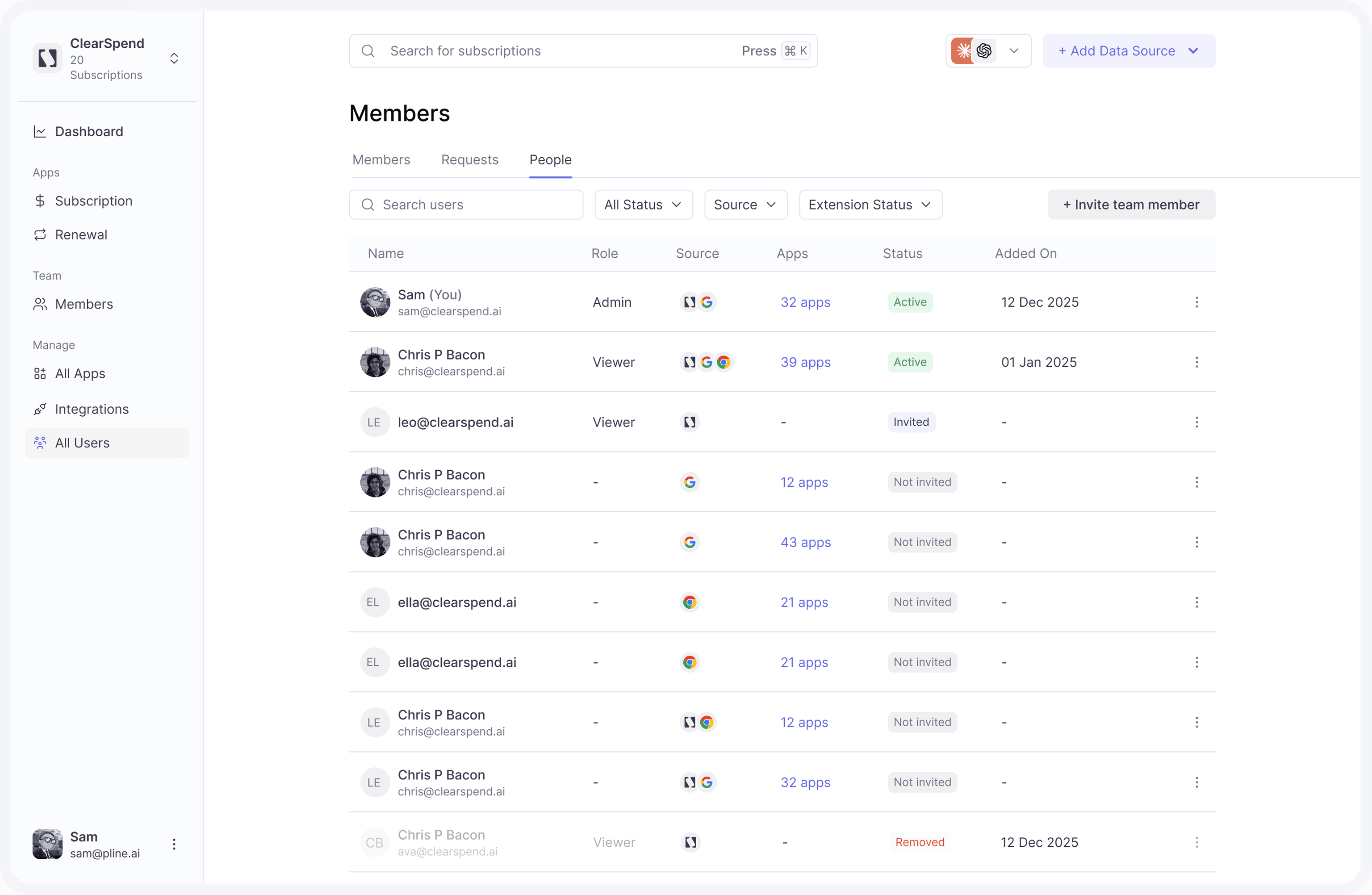 ClearSpend dashboard showing SaaS spend, upcoming renewals, and every subscription the company pays for.