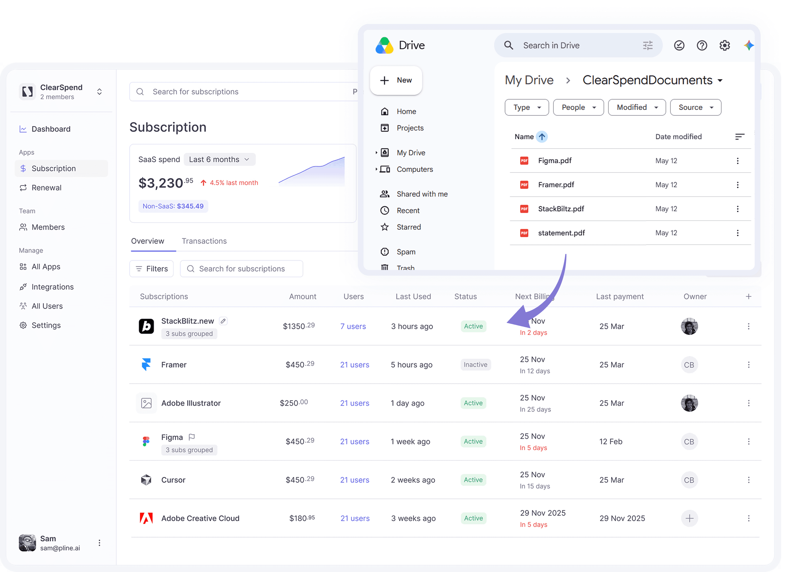 ClearSpend dashboard showing SaaS spend, upcoming renewals, and every subscription the company pays for.
