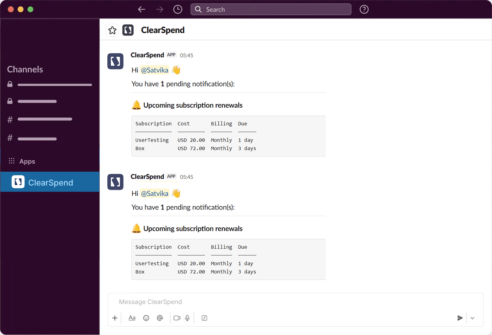 ClearSpend Slack renewal notification