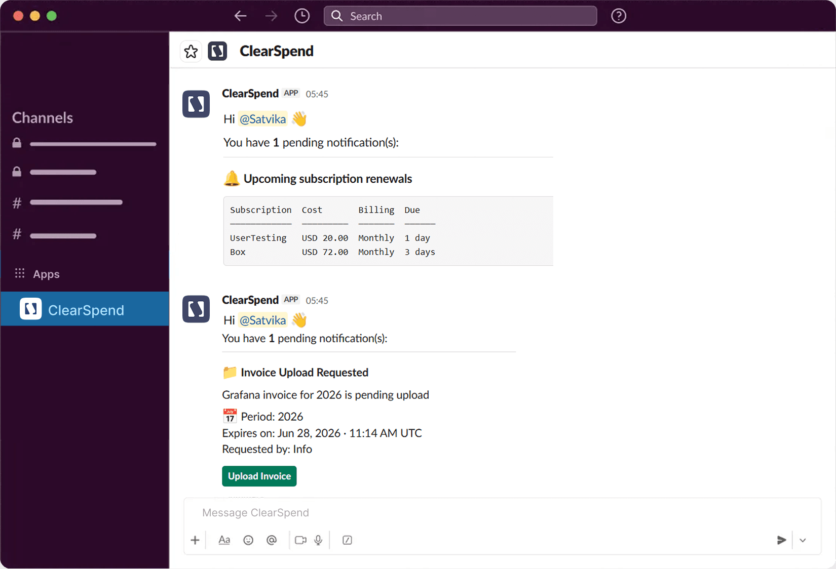 ClearSpend dashboard showing SaaS spend, upcoming renewals, and every subscription the company pays for.